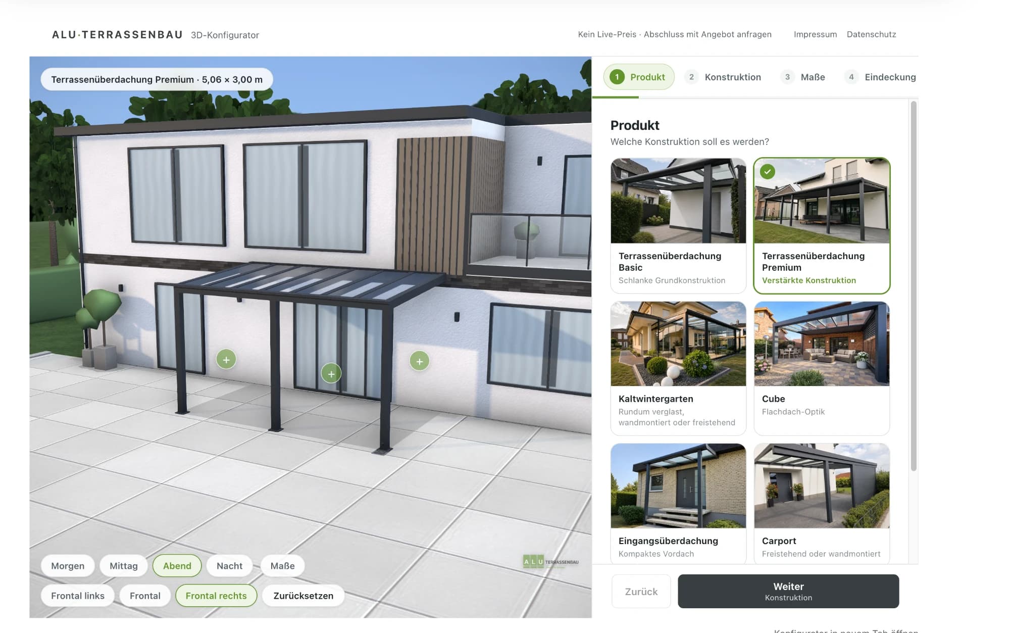 3D-Konfigurator, Schritt 1: sechs Konstruktionen zur Auswahl, am Haus steht eine Terrassenüberdachung Premium
