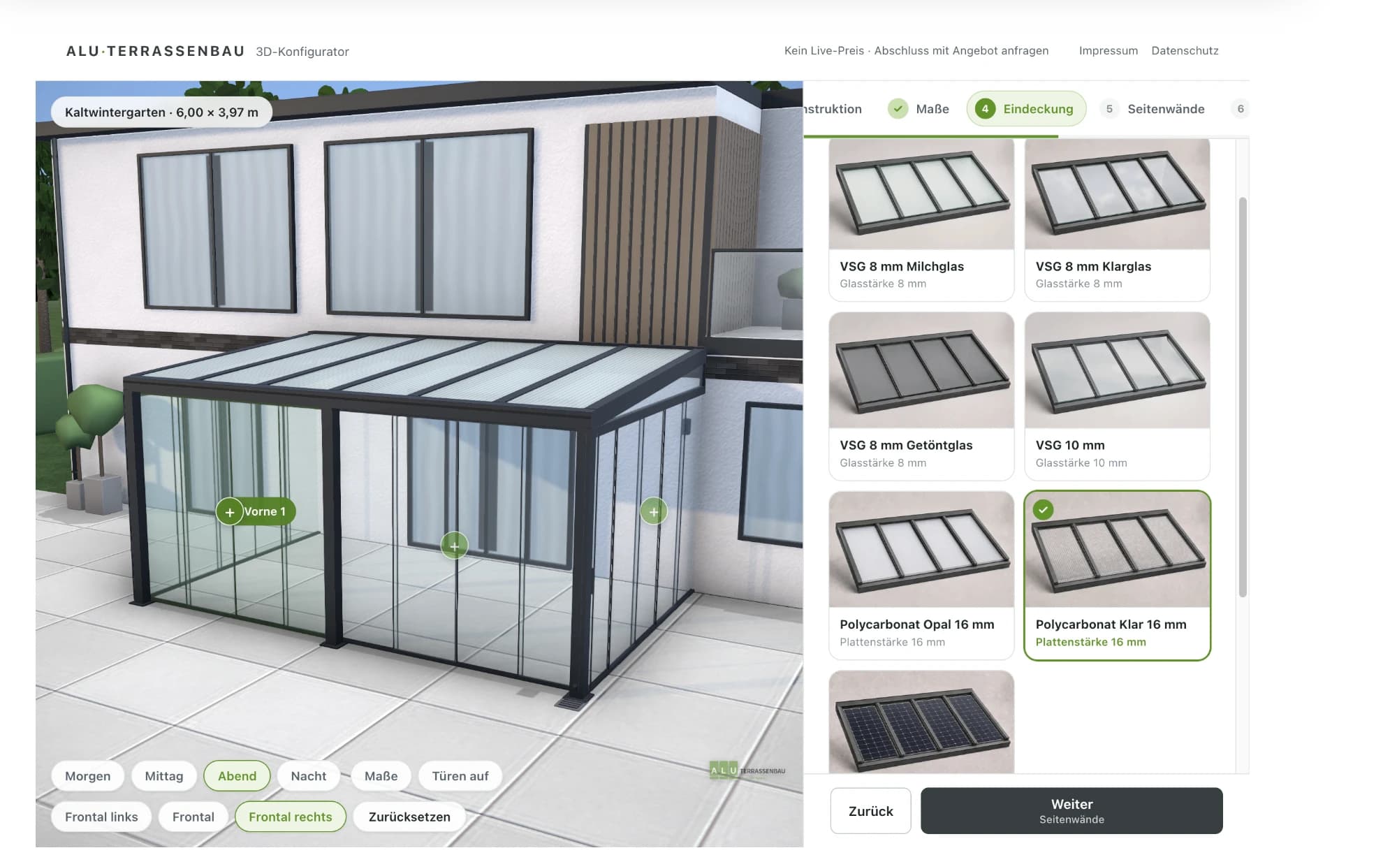 Schritt 4: Eindeckung wählen — VSG-Glas in vier Ausführungen, Polycarbonat, Solarmodule