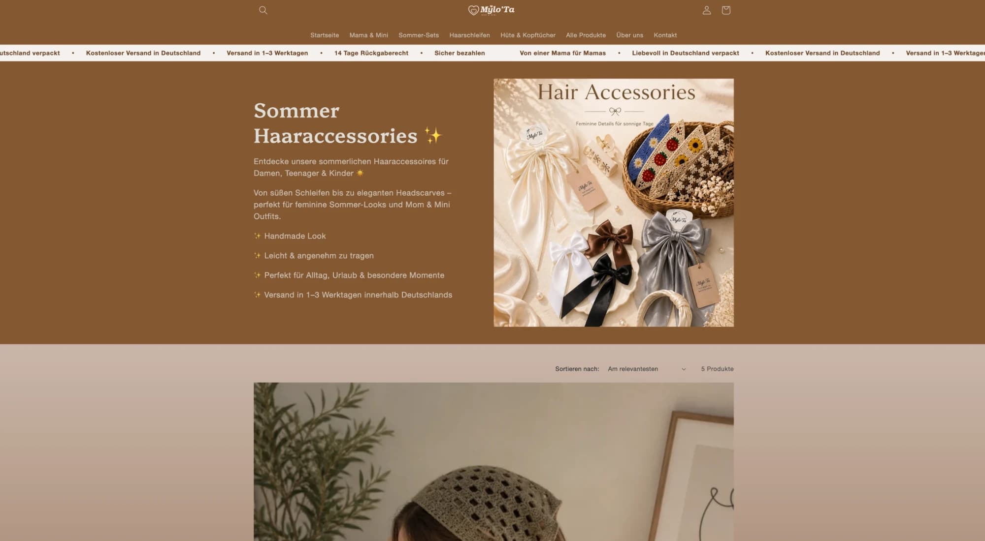 Kollektionsseite Sommer Haaraccessories mit Beschreibungstext, Bild und Produktzähler