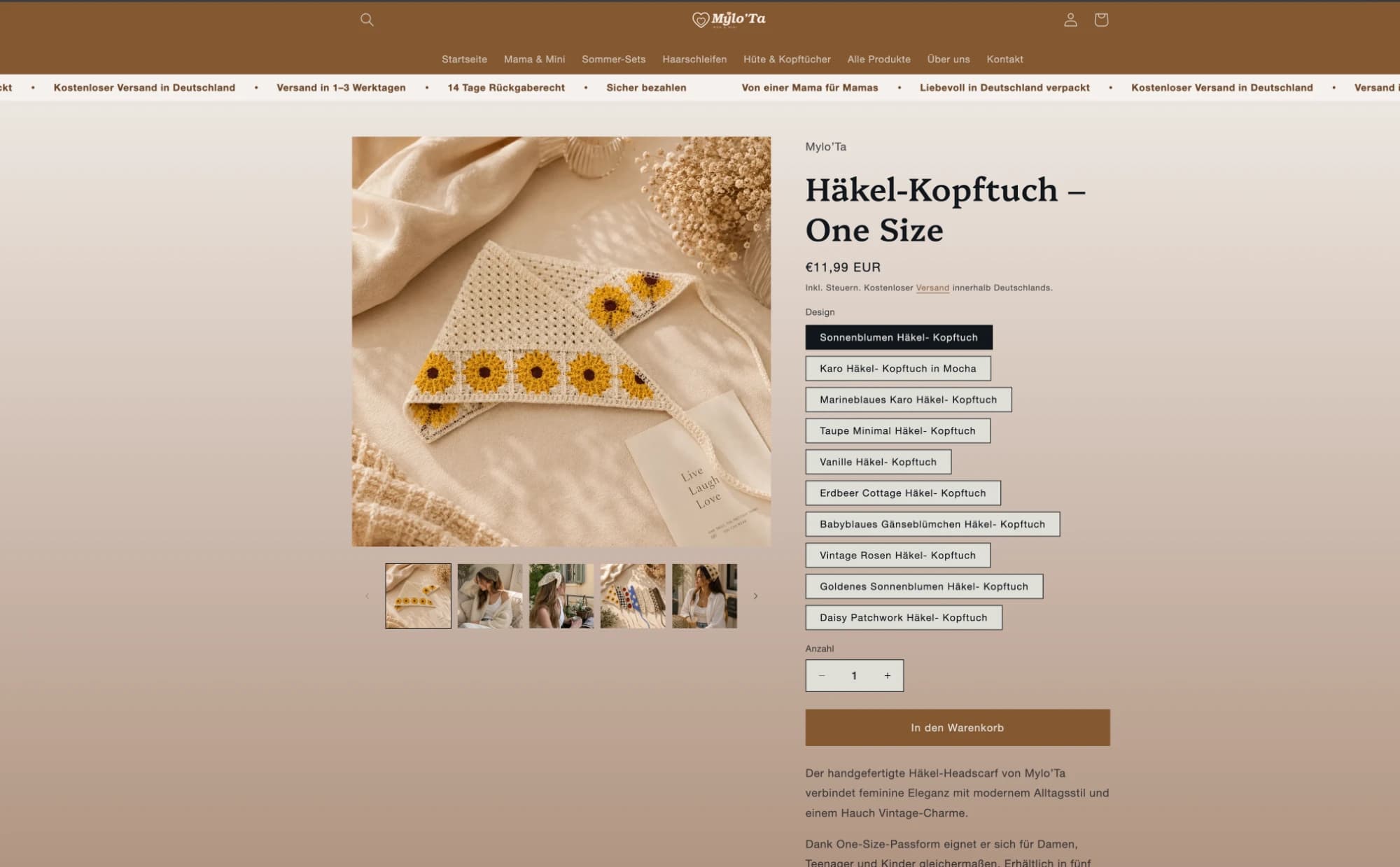 Produktseite Häkel-Kopftuch mit zehn wählbaren Designs untereinander