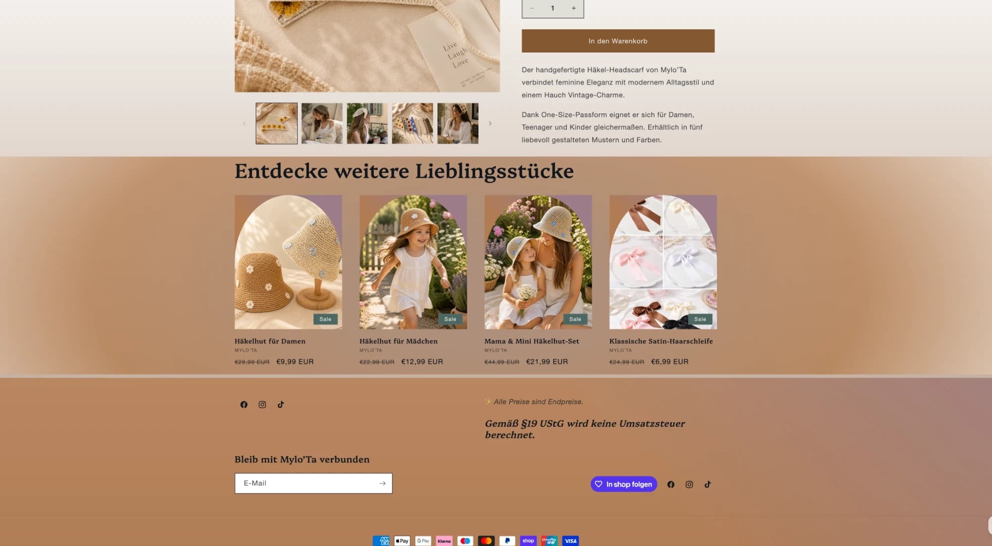 Unterer Teil der Produktseite mit weiteren Produkten, Newsletter-Feld, Zahlungsarten und dem Hinweis nach §19 UStG