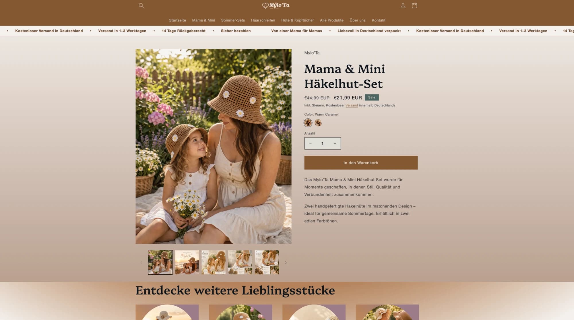 Produktseite Mama & Mini Häkelhut-Set mit Farbwahl als runden Bildfeldern