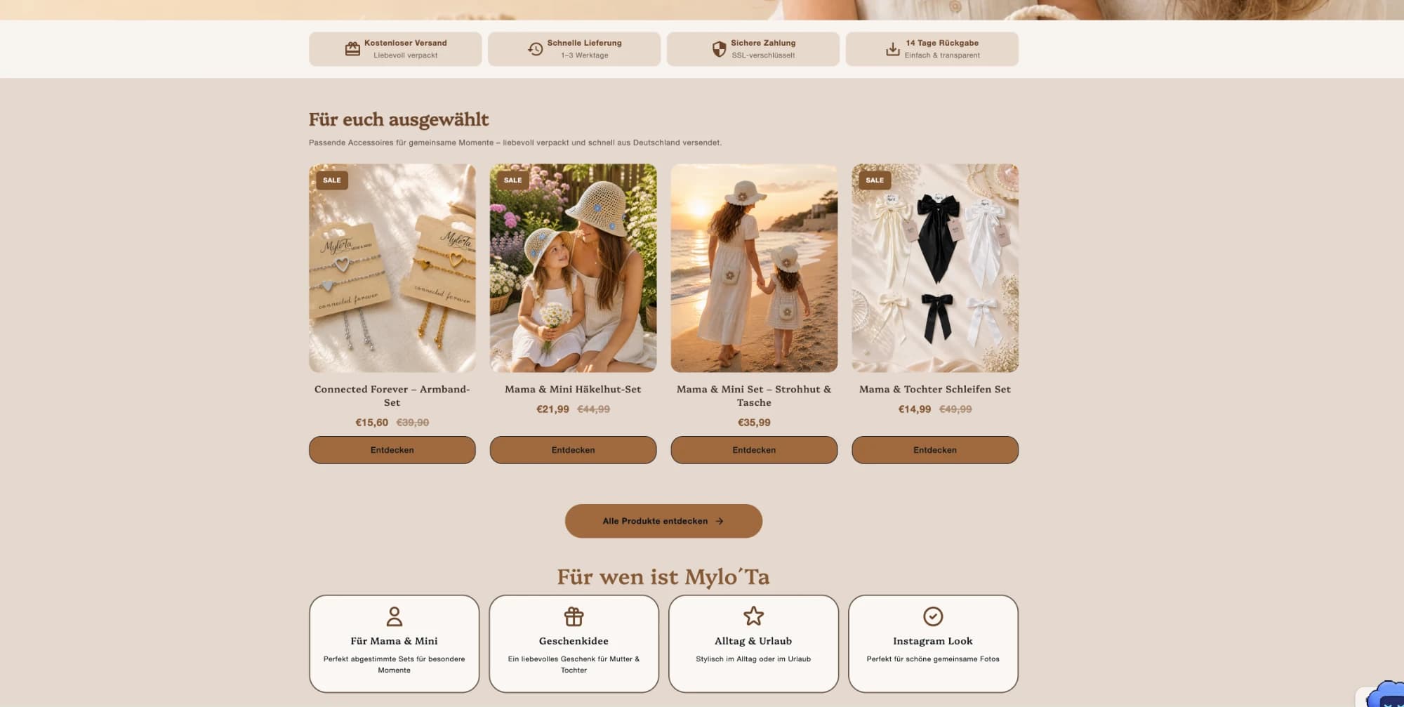Startseite von Mylo'Ta: Vertrauensleiste und darunter vier Produktkarten mit Sale-Kennzeichnung